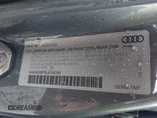 2020 Audi A3 Sedan Premium with VIN WAUAUGFF5LA104296, listed as a IAAI auction lot 41629104 with 60,474 mi miles. Bid and sale history available at carsss.com. Image 9.