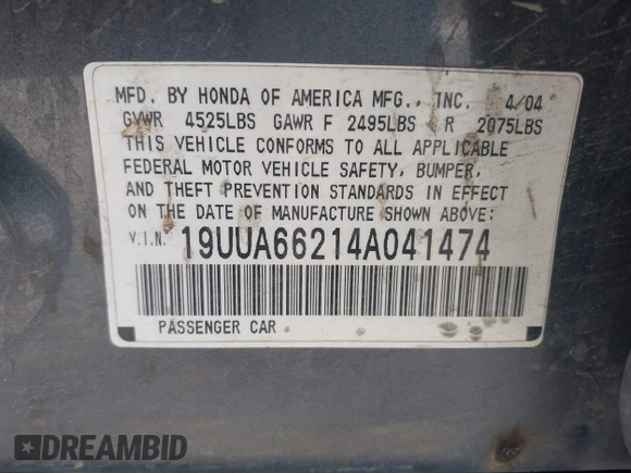 2004 Acura TL with VIN 19UUA66214A041474, listed as a IAAI auction lot 42024494 with 198,341 mi miles. Bid and sale history available at carsss.com. Image 9.