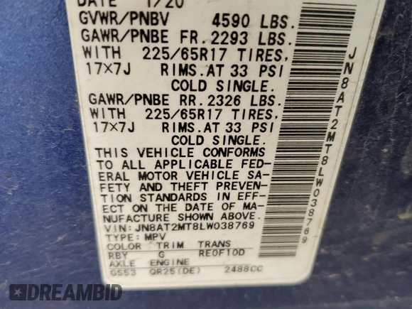 2020 Nissan Rogue S with VIN JN8AT2MT8LW038769, listed as a Copart auction lot 48739085 with 125,966 mi miles and Clean Title. Bid and sale history available at carsss.com. Image 13.