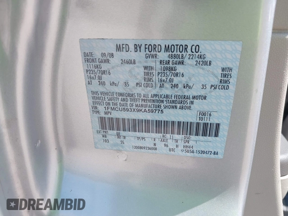 2009 Ford Escape Hybrid z VIN 1FMCU593X9KA59775, wystawiony jako IAAI lot #42763464 z przebiegiem 142 396 mil mil oraz . Historia ofert i sprzedaży dostępna na DreamBid. Obrazek 9.