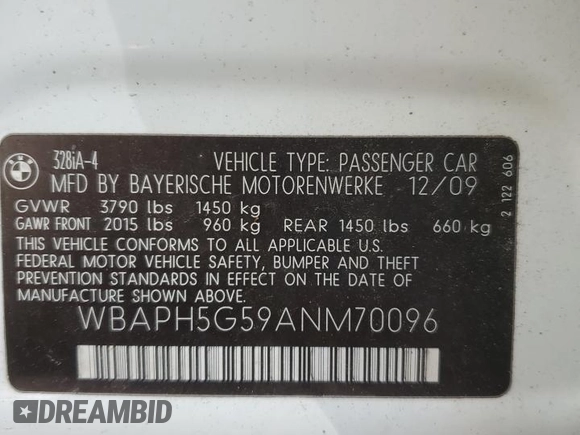 2010 BMW 3 Series 328i with VIN WBAPH5G59ANM70096, listed as a Copart auction lot 47811155 with 122,561 mi miles and Clean Title. Bid and sale history available at DreamBid. Image 12.