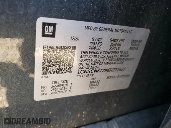 2021 Chevrolet Tahoe LT with VIN 1GNSCNKD0MR222527, listed as a Copart auction lot 43540745 with 69,076 mi miles and Salvage title. Bid and sale history available at DreamBid. Image 14.