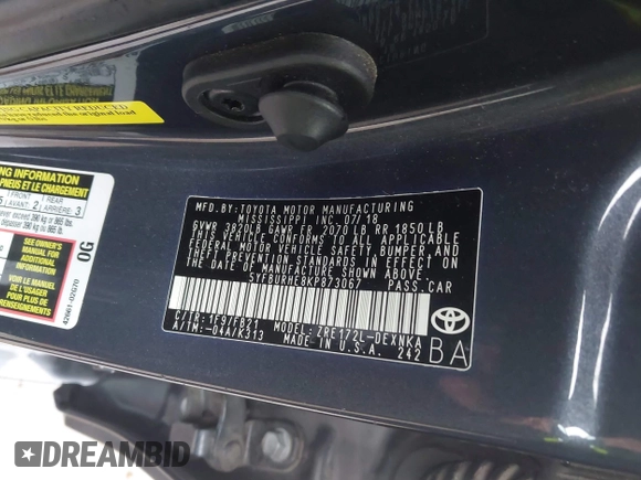 2019 Toyota Corolla L with VIN 5YFBURHE8KP873067, listed as a IAAI auction lot 41936471 with 75,076 mi miles and . Bid and sale history available at carsss.com. Image 9.