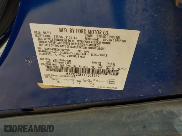 2019 Ford EcoSport SE with VIN MAJ3S2GEXKC308269, listed as a IAAI auction lot 41945806 with 42,506 mi miles and . Bid and sale history available at DreamBid. Image 9.