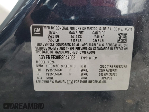 2014 Cadillac SRX Performance Collection with VIN 3GYFNFE38ES647063, listed as a Copart auction lot 55166145 with 161,472 mi miles and Salvage title. Bid and sale history available at DreamBid. Image 12.