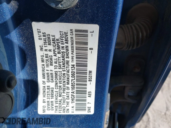 2007 Honda Civic EX with VIN 1HGFA16857L060134, listed as a IAAI auction lot 40952531 with 126,779 mi miles and . Bid and sale history available at DreamBid. Image 9.