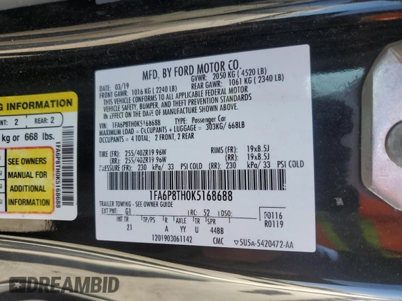 2019 Ford Mustang EcoBoost with VIN 1FA6P8TH0K5168688, listed as a Copart auction lot 52541865 with 91,764 mi miles and Salvage title. Bid and sale history available at DreamBid. Image 13.
