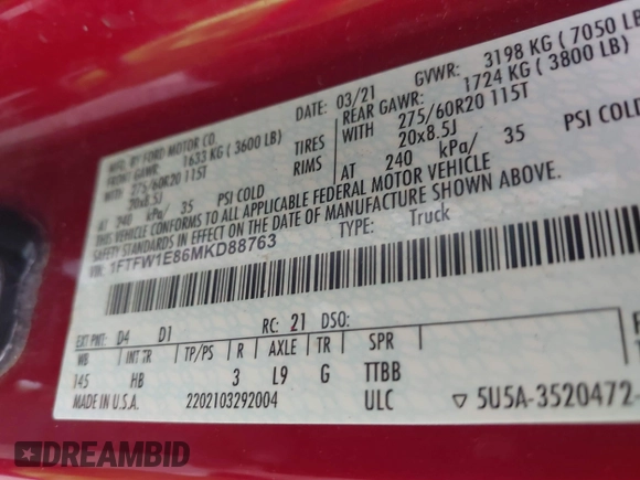 2021 Ford F-150 XL with VIN 1FTFW1E86MKD88763, listed as a IAAI auction lot 41742760 with 54,504 mi miles. Bid and sale history available at carsss.com. Image 9.