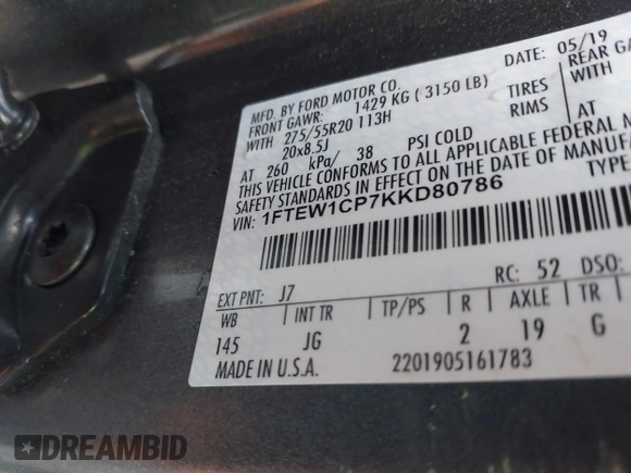 2019 Ford F-150 XL with VIN 1FTEW1CP7KKD80786, listed as a IAAI auction lot 41117065 with 142,011 mi miles and . Bid and sale history available at DreamBid. Image 9.