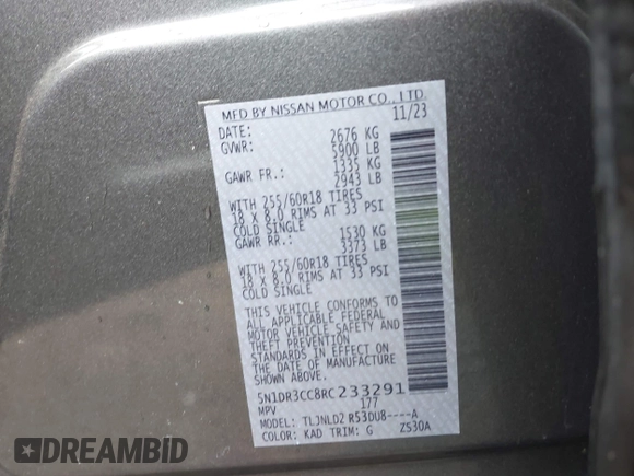 2024 Nissan Pathfinder SL z VIN 5N1DR3CC8RC233291, wystawiony jako IAAI lot #42006096 z przebiegiem 21 839 mil mil oraz . Historia ofert i sprzedaży dostępna na DreamBid. Obrazek 9.