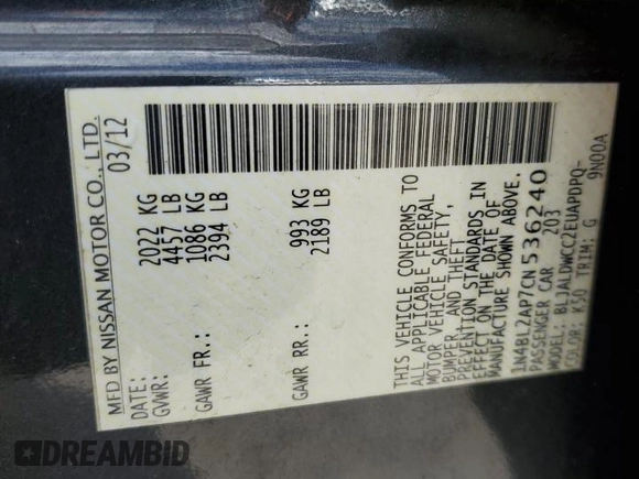 2012 Nissan Altima 3.5 SR with VIN 1N4BL2AP7CN536240, listed as a Copart auction lot 53745485 with 120,510 mi miles and Salvage Title. Bid and sale history available at carsss.com. Image 12.