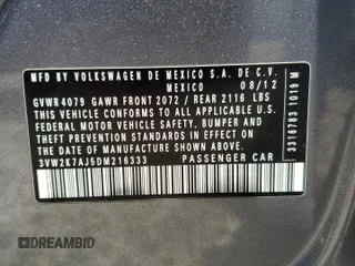2013 Volkswagen Jetta S с VIN 3VW2K7AJ5DM216333, выставлен на аукционе Copart как лот 54557705 с пробегом 173 229 миль миль и Списание • Salvage title. История ставок и продаж доступна на DreamBid. Изображение 12.