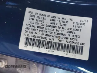 2016 Honda Accord Sedan LX with VIN 1HGCR2F38GA218452, listed as a IAAI auction lot 41510450 with 76,993 mi miles. Bid and sale history available at carsss.com. Image 9.