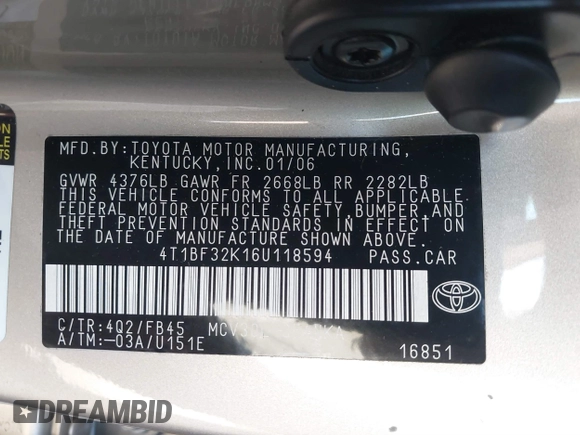 2006 Toyota Camry LE z VIN 4T1BF32K16U118594, wystawiony jako IAAI lot #41558030 z przebiegiem 275 360 mil mil oraz . Historia ofert i sprzedaży dostępna na DreamBid. Obrazek 9.