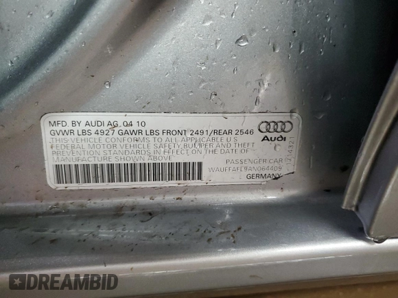 2010 Audi A4 2.0T Premium Plus with VIN WAUFFAFL9AN064409, listed as a Copart auction lot 49900875 with 146,269 mi miles and Salvage Title. Bid and sale history available at carsss.com. Image 12.