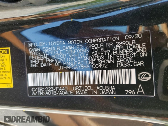 2021 Lexus LC 500h с VIN JTHAP5AY8MA100492, выставлен на аукционе Copart как лот 51966375 с пробегом 12 290 миль миль и Списание • Salvage title. История ставок и продаж доступна на DreamBid. Изображение 12.