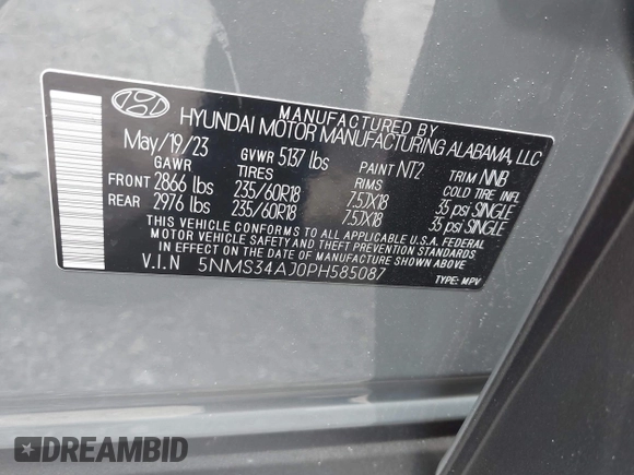 2023 Hyundai Santa Fe SEL with VIN 5NMS34AJ0PH585087, listed as a IAAI auction lot 41995946 with 22,376 mi miles and . Bid and sale history available at DreamBid. Image 9.