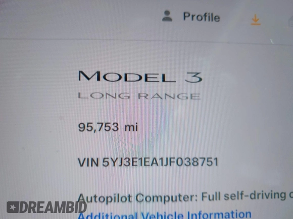 2018 Tesla Model 3 Long Range Battery with VIN 5YJ3E1EA1JF038751, listed as a IAAI auction lot 40553966 with 95,753 mi miles and . Bid and sale history available at DreamBid. Image 14.