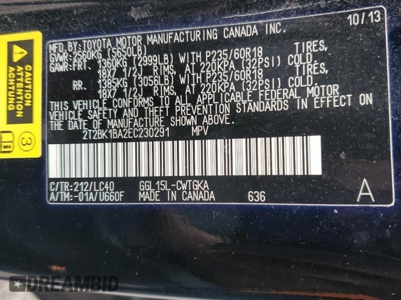 2014 Lexus RX 350 z VIN 2T2BK1BA2EC230291, wystawiony jako Copart lot #56869165 z przebiegiem 125 265 mil mil oraz Szkoda całkowita • Salvage title. Historia ofert i sprzedaży dostępna na DreamBid. Obrazek 13.