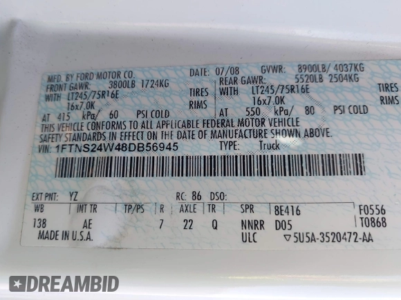 2008 Ford Econoline Cargo Commercial with VIN 1FTNS24W48DB56945, listed as a IAAI auction lot 42520468 with 97,068 mi miles and . Bid and sale history available at DreamBid. Image 9.