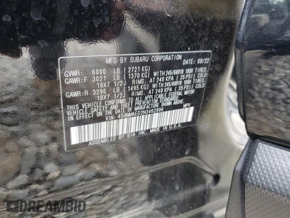 2022 Subaru Ascent Premium with VIN 4S4WMAED2N3462996, listed as a Copart auction lot 54102935 with 17,725 mi miles and Salvage title. Bid and sale history available at DreamBid. Image 13.