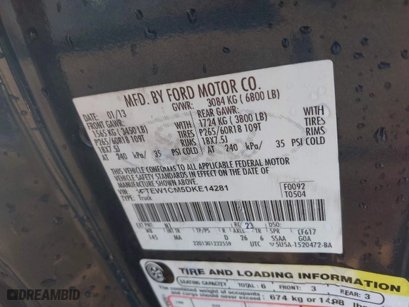 2013 Ford F-150 XL with VIN 1FTEW1CM5DKE14281, listed as a IAAI auction lot 41388885 with 80,993 mi miles. Bid and sale history available at carsss.com. Image 9.