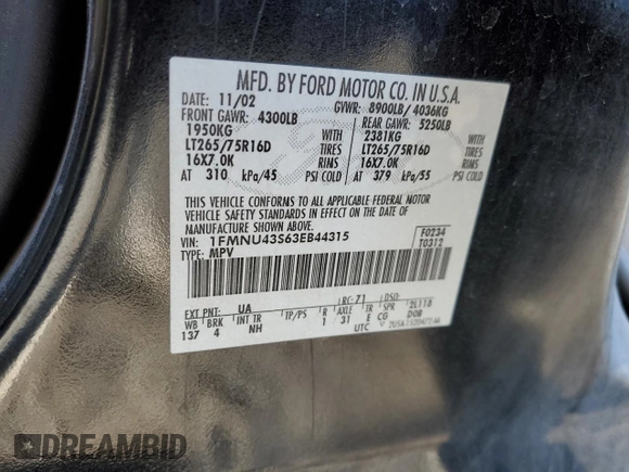 2003 Ford Excursion Limited z VIN 1FMNU43S63EB44315, wystawiony jako Copart lot #83661914 z przebiegiem 265 785 mil mil oraz Czysty tytuł • Clean title. Historia ofert i sprzedaży dostępna na DreamBid. Obrazek 13.