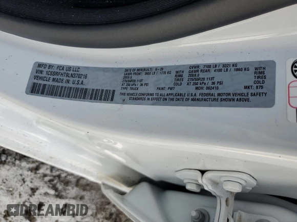2020 Ram 1500 Limited with VIN 1C6SRFHT9LN370216, listed as a Copart auction lot 49247865 with 0 mi miles and Salvage Title. Bid and sale history available at carsss.com. Image 12.