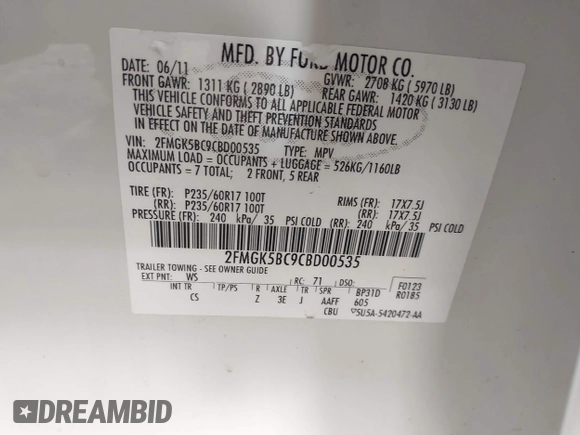 2012 Ford Flex SE with VIN 2FMGK5BC9CBD00535, listed as a IAAI auction lot 42015137 with 208,869 mi miles. Bid and sale history available at carsss.com. Image 8.