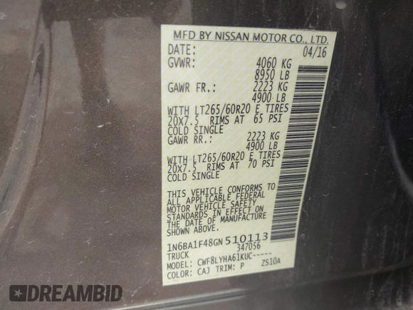2016 Nissan Titan SL z VIN 1N6BA1F48GN510113, wystawiony jako IAAI lot #42252271 z przebiegiem 58 691 mil mil oraz . Historia ofert i sprzedaży dostępna na DreamBid. Obrazek 9.