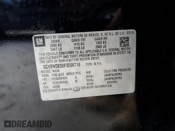 2015 Cadillac SRX Premium Collection with VIN 3GYFNDE38FS596718, listed as a Copart auction lot 56674245 with 106,379 mi miles and Salvage title. Bid and sale history available at DreamBid. Image 13.