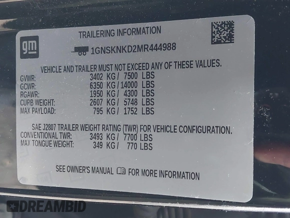 2021 Chevrolet Tahoe LT z VIN 1GNSKNKD2MR444988, wystawiony jako IAAI lot #41372873 z przebiegiem 45 731 mil mil oraz . Historia ofert i sprzedaży dostępna na DreamBid. Obrazek 9.