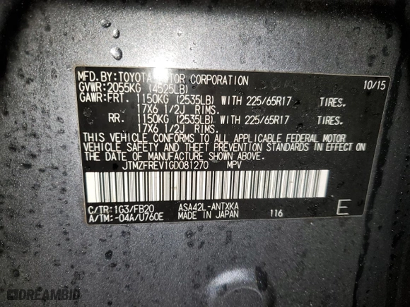 2016 Toyota RAV4 LE with VIN JTMZFREV1GD081270, listed as a Copart auction lot 44234225 with 123,137 mi miles and Salvage Title. Bid and sale history available at carsss.com. Image 13.