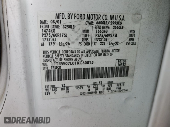 2001 Ford F-150 XLT with VIN 1FTRW07L01KC60815, listed as a Copart auction lot 87022424 with 205,304 mi miles and Salvage title. Bid and sale history available at DreamBid. Image 14.