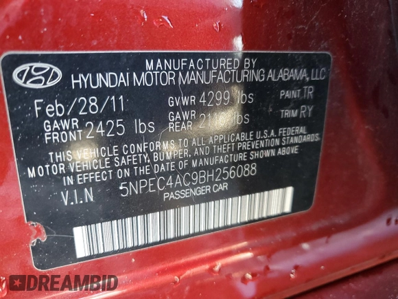 2011 Hyundai Sonata Limited with VIN 5NPEC4AC9BH256088, listed as a Copart auction lot 52714925 with 83,235 mi miles and Salvage Title. Bid and sale history available at DreamBid. Image 13.
