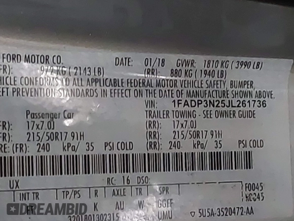 2018 Ford Focus Titanium with VIN 1FADP3N25JL261736, listed as a IAAI auction lot 41032128 with 59,142 mi miles and . Bid and sale history available at DreamBid. Image 9.