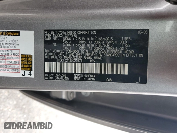 2005 Scion xB z VIN JTLKT324350215711, wystawiony jako Copart lot #54744755 z przebiegiem 178 205 mil mil oraz Szkody całkowita. Historia ofert i sprzedaży dostępna na DreamBid. Obrazek 14.