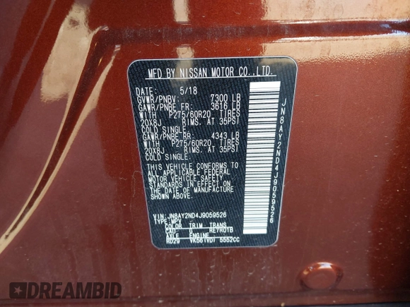 2018 Nissan Armada SL with VIN JN8AY2ND4J9059526, listed as a IAAI auction lot 41187756 with 116,572 mi miles and . Bid and sale history available at DreamBid. Image 9.
