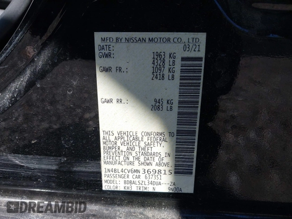 2021 Nissan Altima SR with VIN 1N4BL4CV6MN369815, listed as a IAAI auction lot 41878884 with 60,629 mi miles and . Bid and sale history available at carsss.com. Image 9.