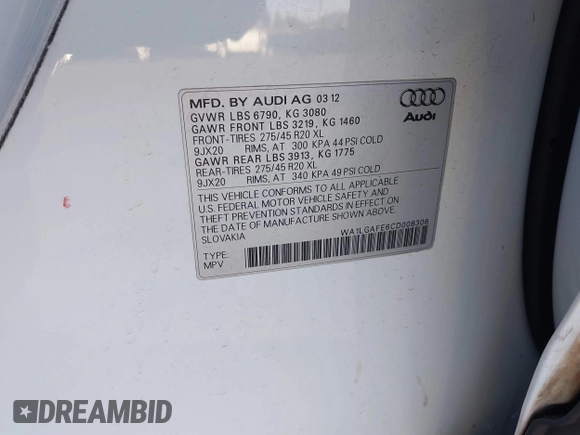 2012 Audi Q7 Premium Plus with VIN WA1LGAFE6CD008306, listed as a IAAI auction lot 42510525 with 131,992 mi miles and . Bid and sale history available at DreamBid. Image 9.