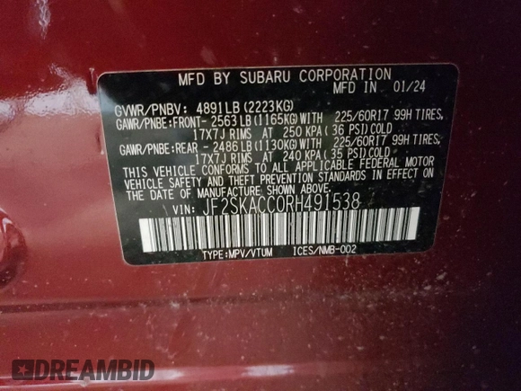 2024 Subaru Forester Premium with VIN JF2SKACC0RH491538, listed as a Copart auction lot 43653365 with 4,512 mi miles and Salvage Title. Bid and sale history available at carsss.com. Image 13.