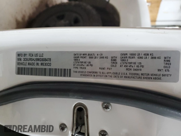 2021 Ram 2500 Tradesman with VIN 3C6UR5HJ9MG608478, listed as a Copart auction lot 74362404 with 66,042 mi miles and Salvage title. Bid and sale history available at DreamBid. Image 12.