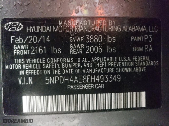 2014 Hyundai Elantra Limited with VIN 5NPDH4AE8EH493349, listed as a Copart auction lot 83904834 with 0 mi miles and Salvage Title. Bid and sale history available at carsss.com. Image 12.