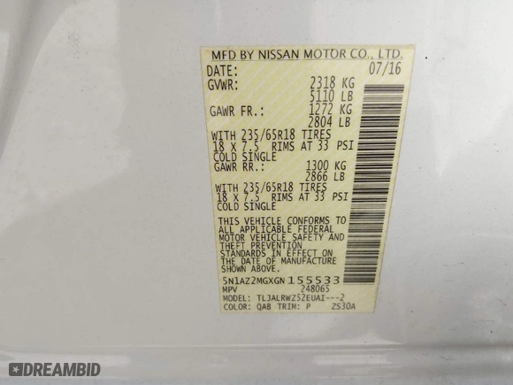 2016 Nissan Murano S with VIN 5N1AZ2MGXGN155533, listed as a IAAI auction lot 41811188 with 71,993 mi miles. Bid and sale history available at carsss.com. Image 9.
