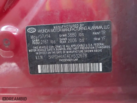 2014 Hyundai Elantra Limited with VIN 5NPDH4AE4EH532678, listed as a IAAI auction lot 41633750 with 180,683 mi miles. Bid and sale history available at carsss.com. Image 9.