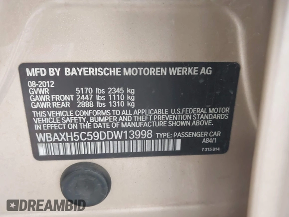 2013 BMW 5 Series 528i xDrive z VIN WBAXH5C59DDW13998, wystawiony jako IAAI lot #42239659 z przebiegiem 190 682 mil mil oraz . Historia ofert i sprzedaży dostępna na DreamBid. Obrazek 9.