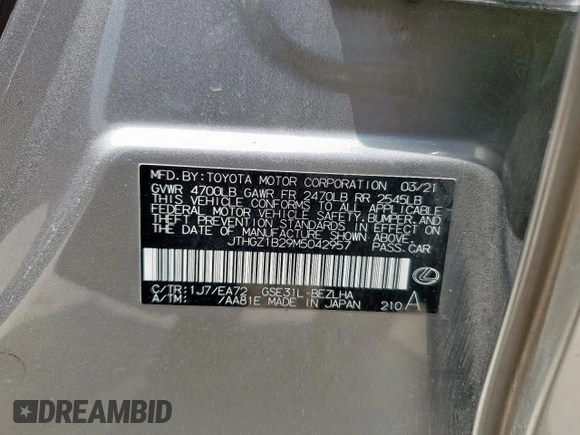 2021 Lexus IS 350 F Sport with VIN JTHGZ1B29M5042957, listed as a Copart auction lot 60069825 with 81,219 mi miles and Clean title. Bid and sale history available at DreamBid. Image 12.