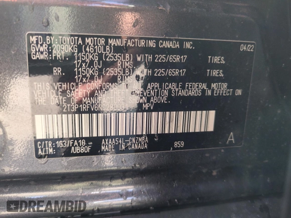 2022 Toyota RAV4 XLE with VIN 2T3P1RFV6NC280031, listed as a Copart auction lot 61268205 with 8,348 mi miles and Salvage title. Bid and sale history available at DreamBid. Image 14.