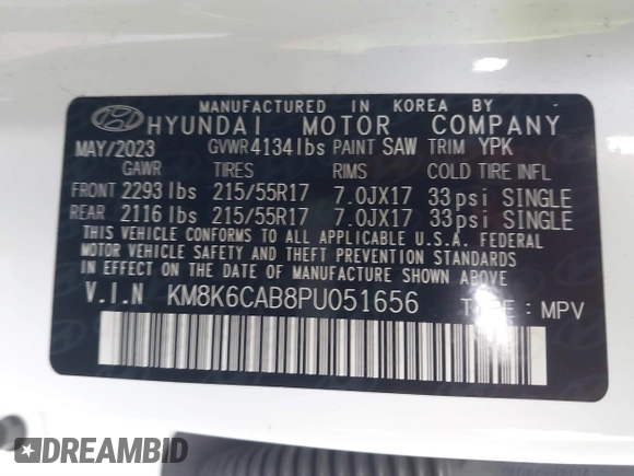 2023 Hyundai Kona SEL with VIN KM8K6CAB8PU051656, listed as a IAAI auction lot 41195251 with 8,890 mi miles. Bid and sale history available at carsss.com. Image 9.