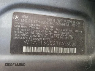 2011 BMW 3 Series 335i xDrive with VIN WBAPL5C53BA918006, listed as a Copart auction lot 56460925 with Not provided miles and Salvage title. Bid and sale history available at DreamBid. Image 13.